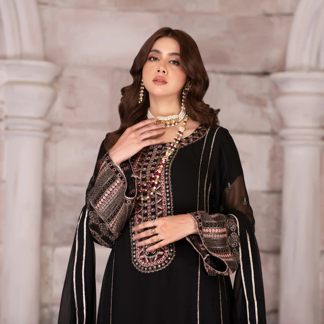 3 Piece Embroidered Black Chiffon Frock - Sherry's wardrobe